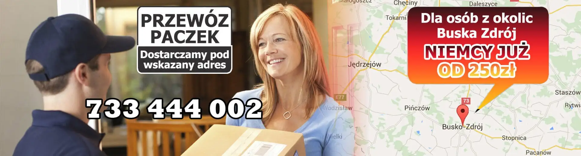 Kurier przekazuje paczkę odbiorczyni pod wskazanym adresem, obok mapa regionu z zaznaczoną trasą przewozu do Niemiec